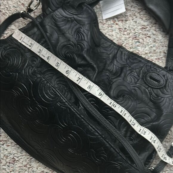 Genuine Leather Floral Embossed Slouchy Handbag Crossbody Black - Picture 7 of 8